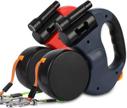 Double Dog Leash Retractable Dual Lead Anti Tangle LED Light