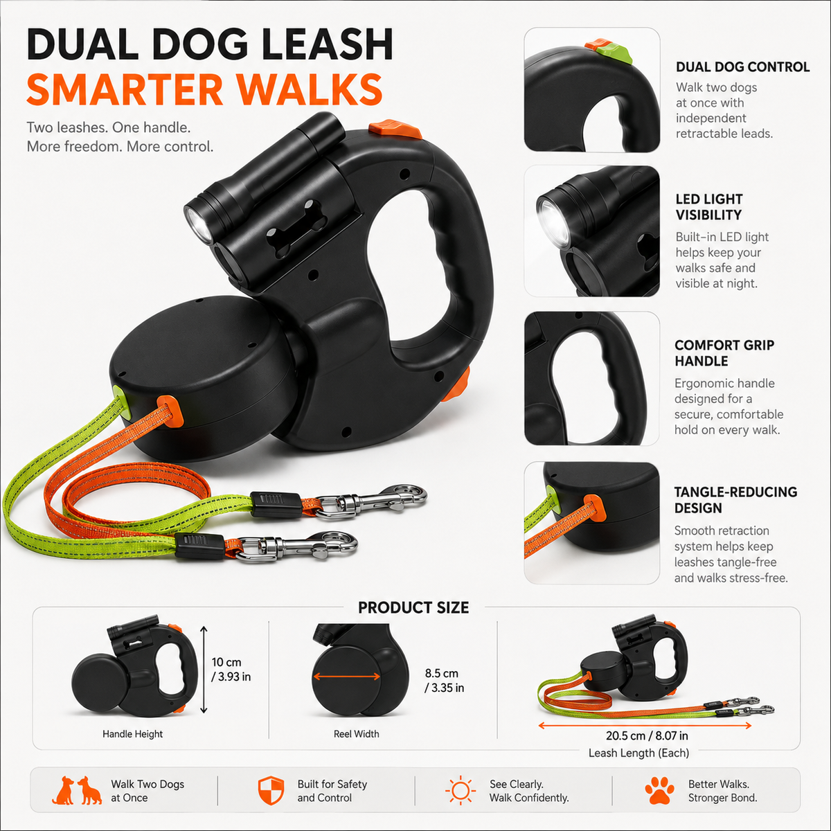 Dubbele hondenriem met ledlicht, handsfree-handgreep en draaibaar, klitvrij ontwerp