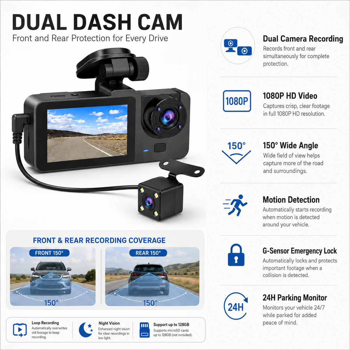 Dual Lens 1080P Dash Camera with 150 Degree Wide Angle Recording