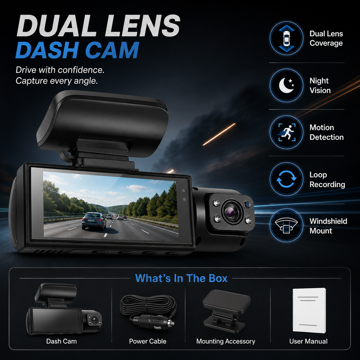 Dashcam met dubbele lens, nachtzicht en bewegingsdetectie voor opnames voor en achter