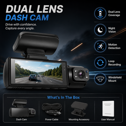 Dashcam met dubbele lens, nachtzicht en bewegingsdetectie voor opnames voor en achter