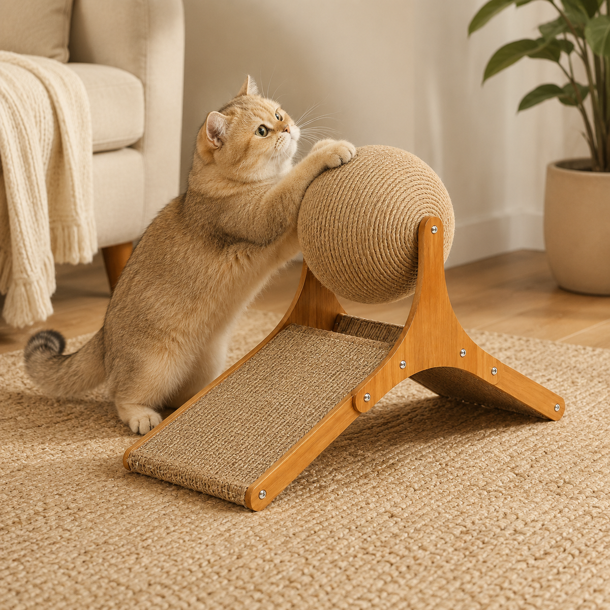 Dual Surface Cat Scratching Toy with Stable Wooden Base and Sisal Ball