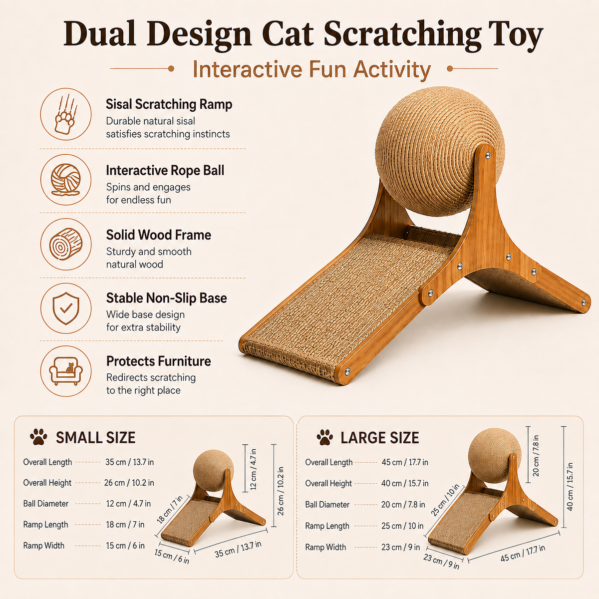 Dual Surface Cat Scratching Toy with Stable Wooden Base and Sisal Ball