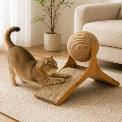 Dual Surface Cat Scratching Toy with Stable Wooden Base and Sisal Ball