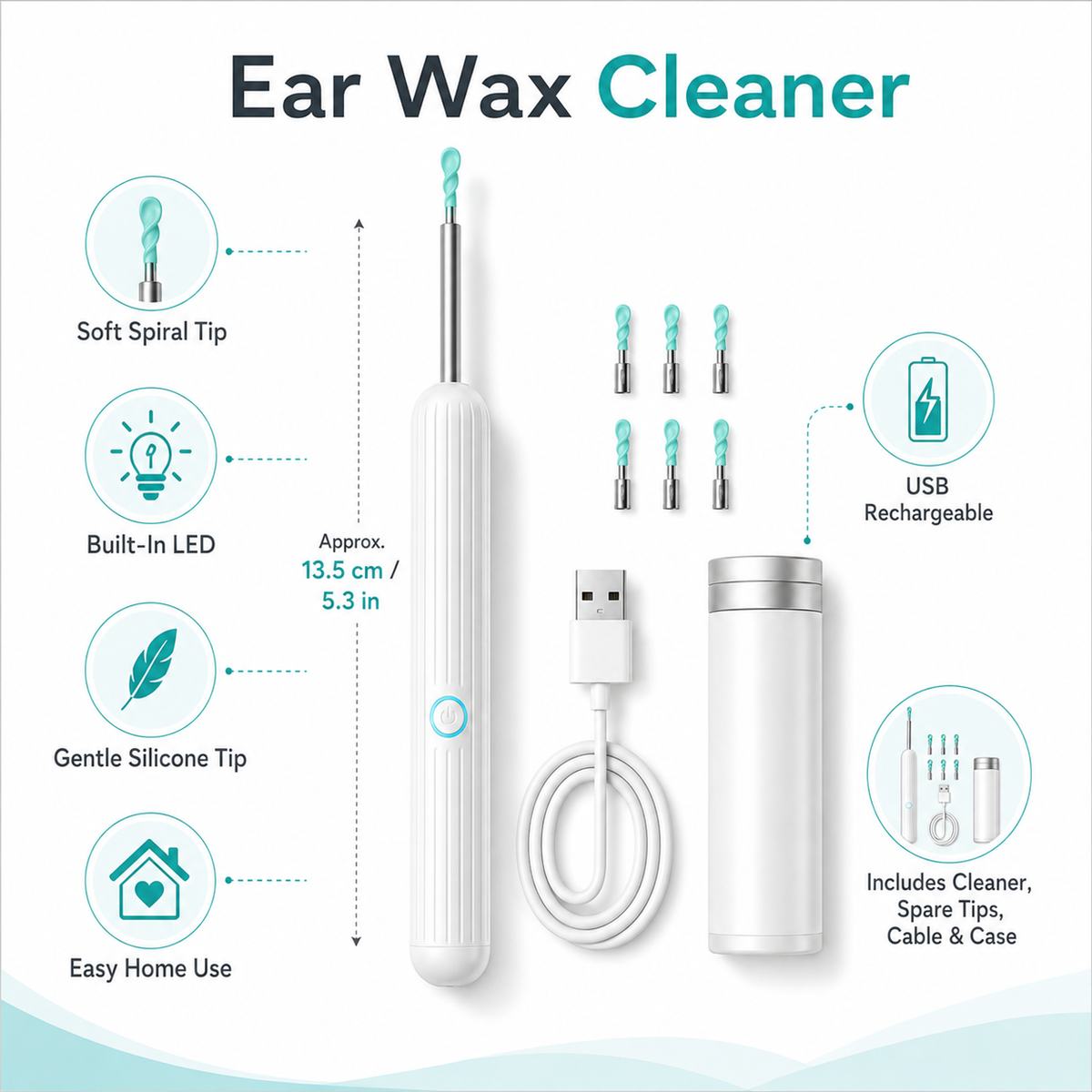 Ear Wax Cleaner Removal Tool with Spiral Silicone Tip and LED Light
