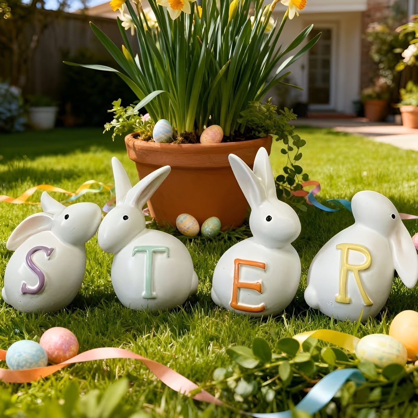 Easter Bunny Figurine Set Spring Home Decoration