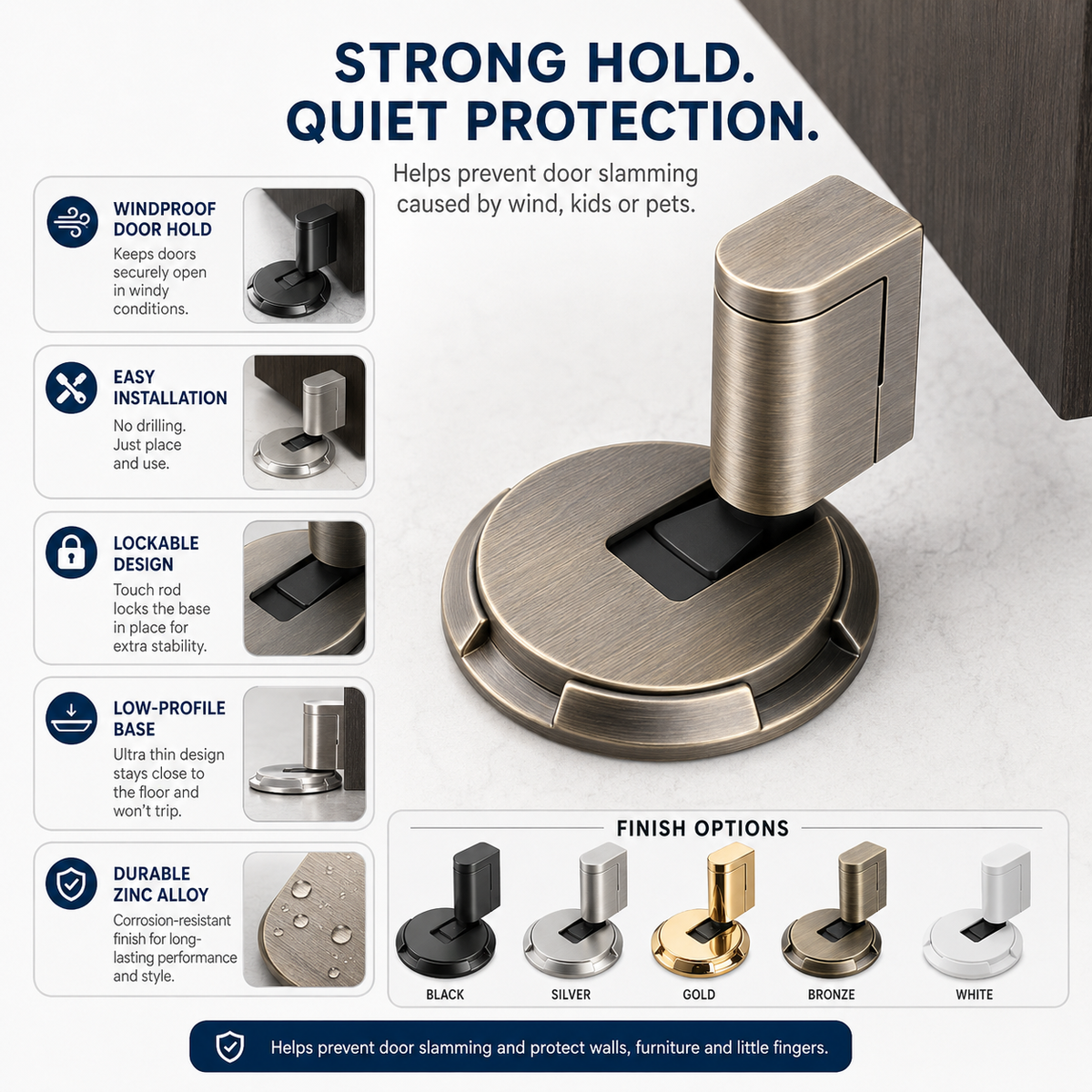 Easy-Install Zinc Alloy Door Stopper for Windproof Door Holding