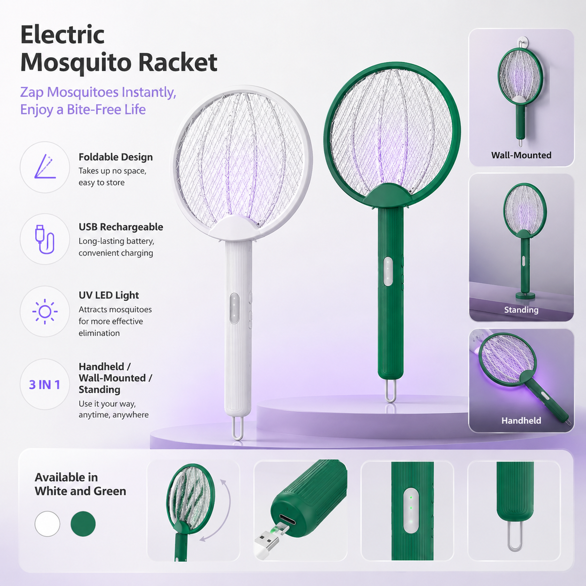 Electric Mosquito Racket with Foldable Handle, Mesh Zapper and USB Rechargeable Design