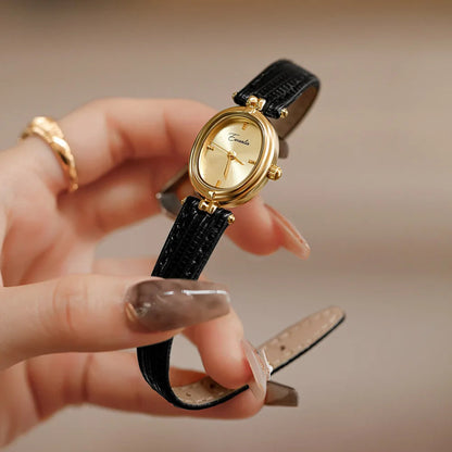 Elegant Quartz Watch Gold Dial Leather Strap Timepiece