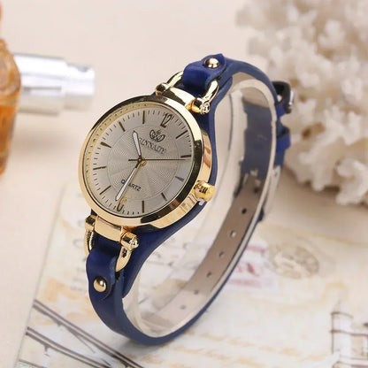 Elegant Quartz Womens Watch Red Accent Leather Strap
