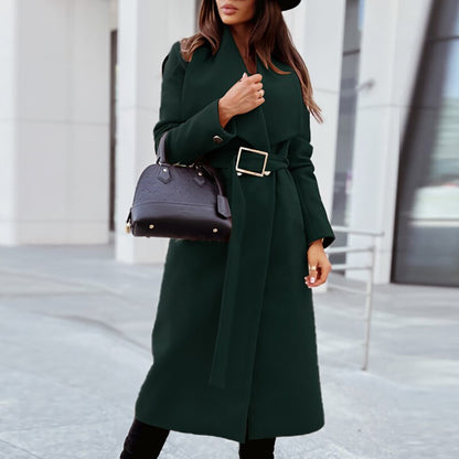 Elegant Wool Belted Winter Coat Women Long Jacket