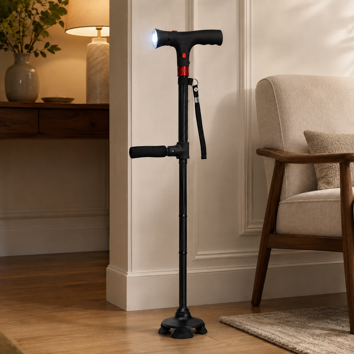 Ergonomische verstelbare wandelstok met ledlamp en noodalarm