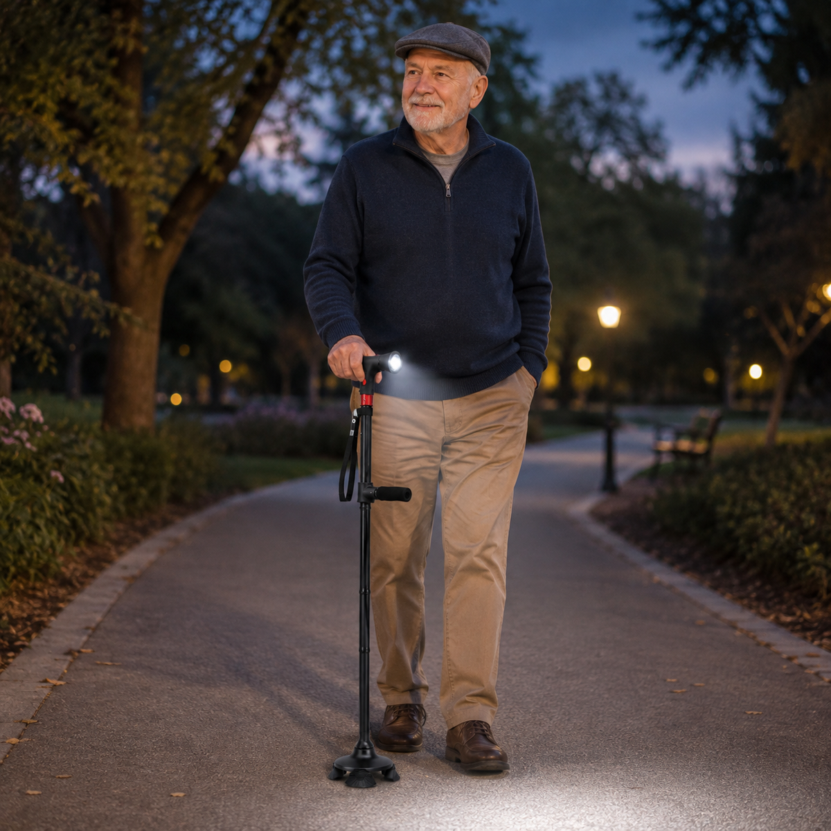 Ergonomische verstelbare wandelstok met ledlamp en noodalarm