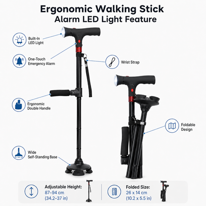 Ergonomische verstelbare wandelstok met ledlamp en noodalarm