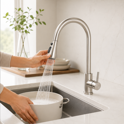 Extendable Kitchen Faucet with Pull-Down Spray, Flexible Swivel and Single-Handle Control