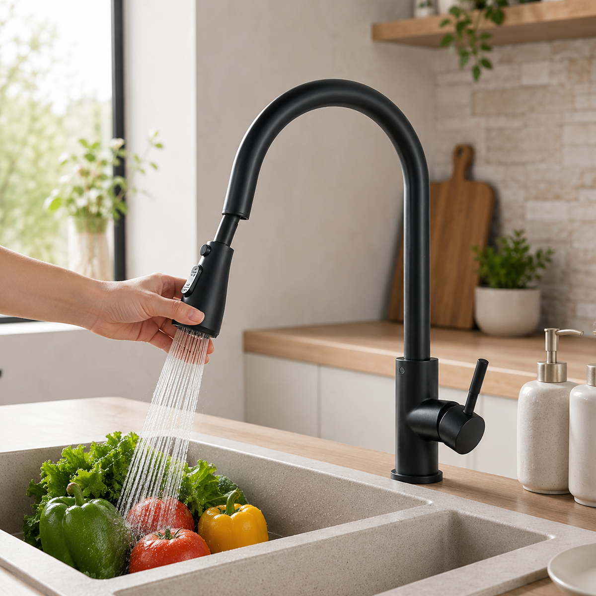 Extendable Kitchen Faucet with Pull-Down Spray, Flexible Swivel and Single-Handle Control