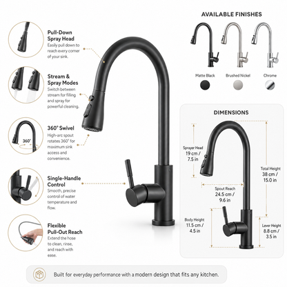 Extendable Kitchen Faucet with Pull-Down Spray, Flexible Swivel and Single-Handle Control