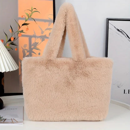 Faux Fur Shopper Tote Bag With Makeup Pouch For Everyday Use