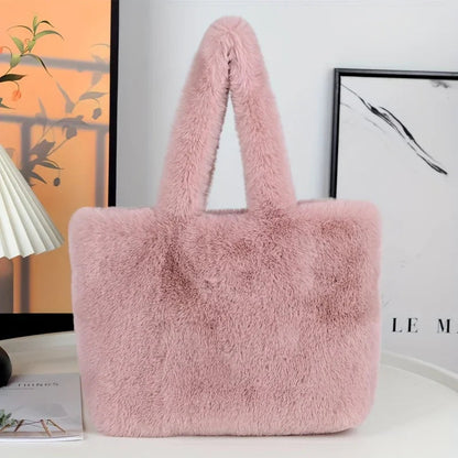 Faux Fur Shopper Tote Bag With Makeup Pouch For Everyday Use