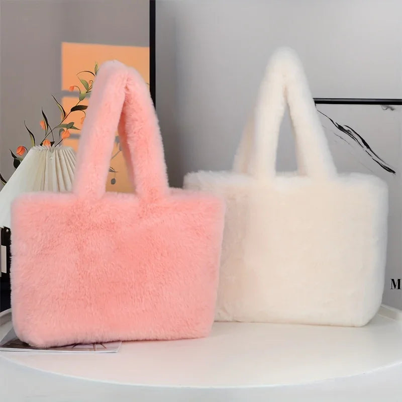Faux Fur Shopper Tote Bag With Makeup Pouch For Everyday Use