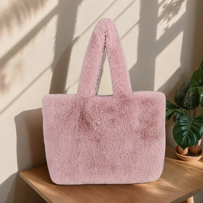 Faux Fur Shopper Tote Bag With Makeup Pouch For Everyday Use