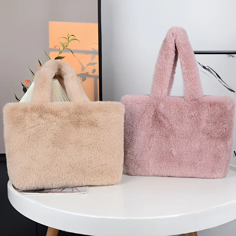 Faux Fur Shopper Tote Bag With Makeup Pouch For Everyday Use