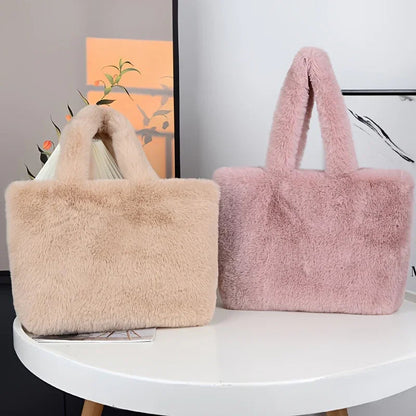 Faux Fur Shopper Tote Bag With Makeup Pouch For Everyday Use