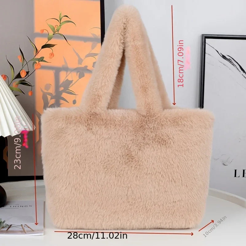Faux Fur Shopper Tote Bag With Makeup Pouch For Everyday Use