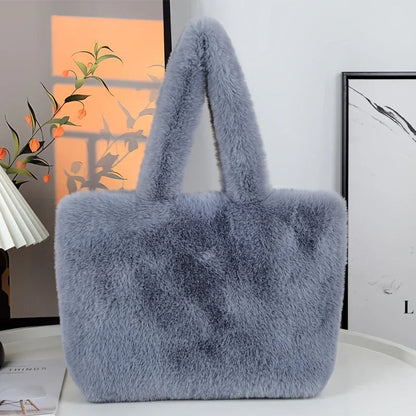 Faux Fur Shopper Tote Bag With Makeup Pouch For Everyday Use