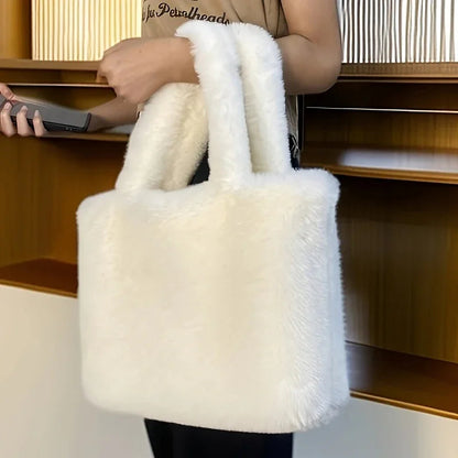 Faux Fur Shopper Tote Bag With Makeup Pouch For Everyday Use
