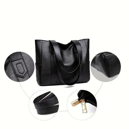 Faux Leather Tote Bag with Shoulder Carry and Zip Pockets