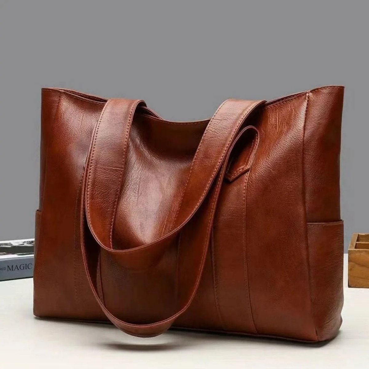 Faux Leather Tote Bag with Shoulder Carry and Zip Pockets