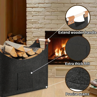 Felt Firewood Carrier Bag with Leather Handles 55 Liter Foldable Storage