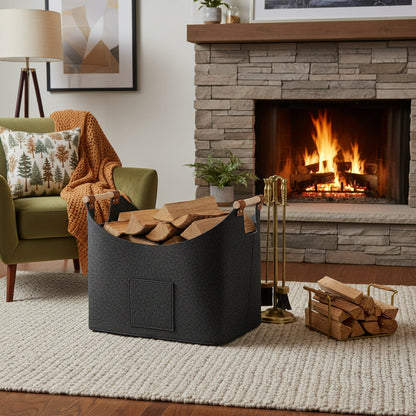 Felt Firewood Carrier Bag with Leather Handles 55 Liter Foldable Storage