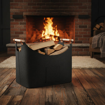Felt Firewood Carrier Bag with Leather Handles 55 Liter Foldable Storage