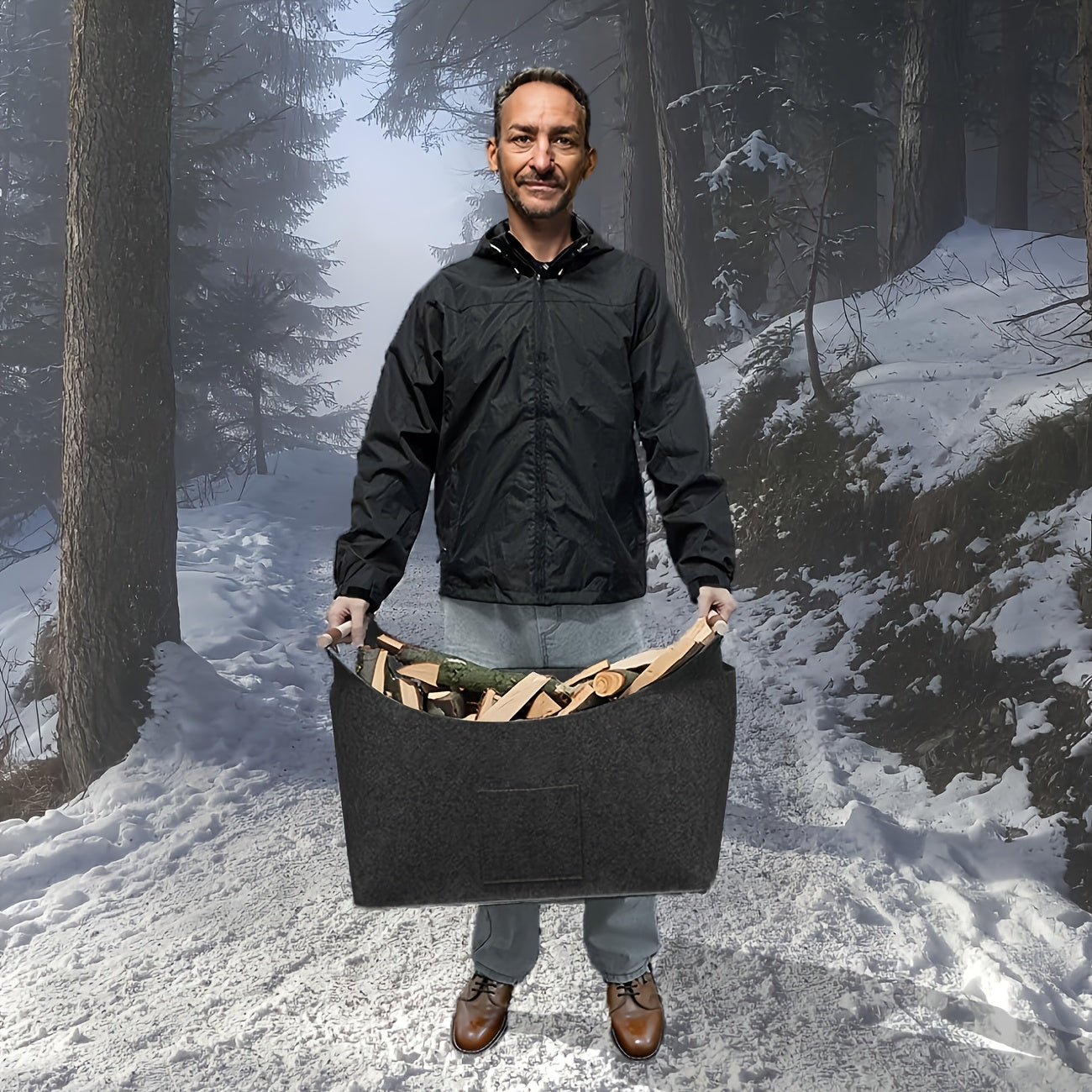 Felt Firewood Storage Basket XL Foldable Log Carrier Wooden Handles
