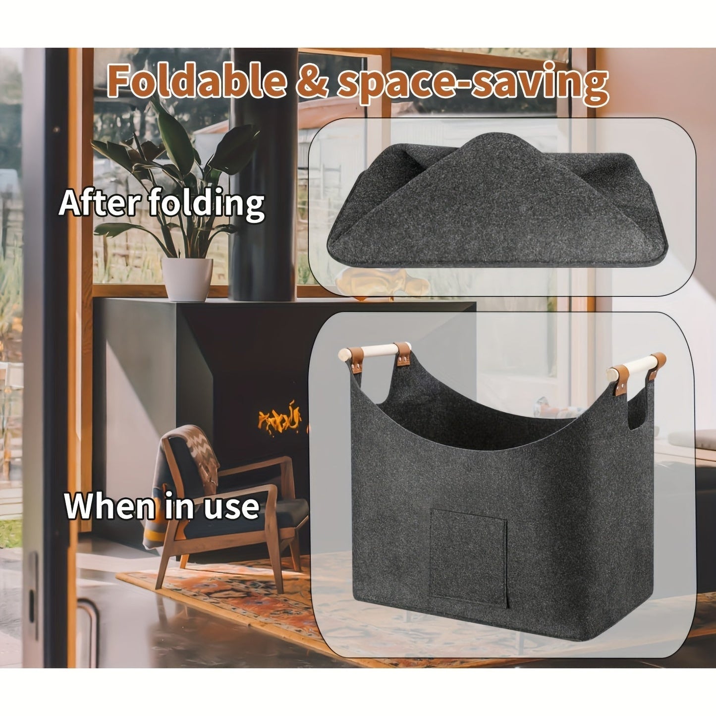 Felt Firewood Storage Basket XL Foldable Log Carrier Wooden Handles