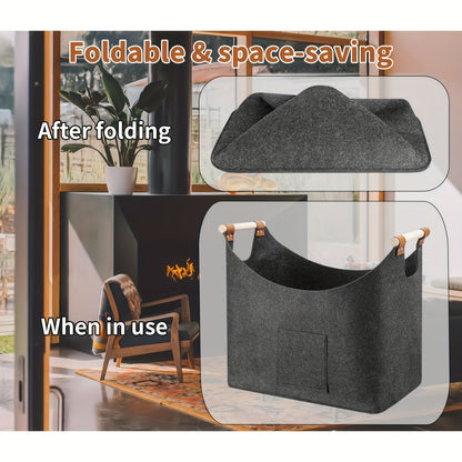 Felt Firewood Storage Basket XL Foldable Log Carrier Wooden Handles
