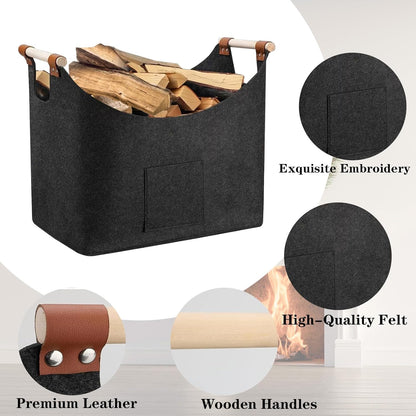 Felt Firewood Storage Basket XL Foldable Log Carrier Wooden Handles