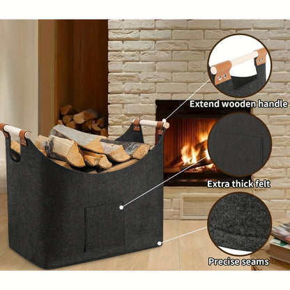Felt Firewood Storage Basket XL Foldable Log Carrier Wooden Handles