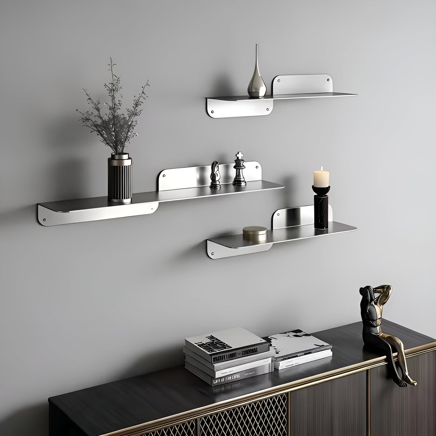 Floating Wall Shelf Minimalist Stainless Steel Storage Rack