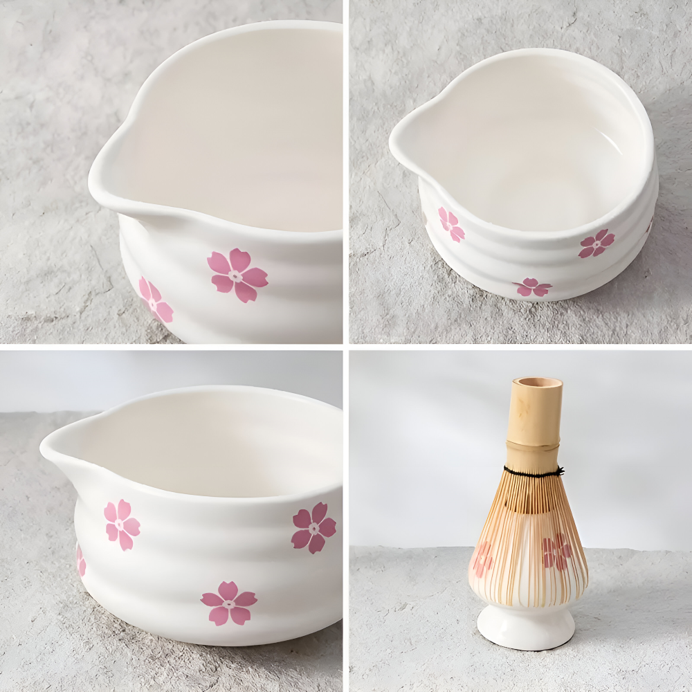 Floral Matcha Tea Set Ceramic Bowl Bamboo Whisk Ceremony Kit