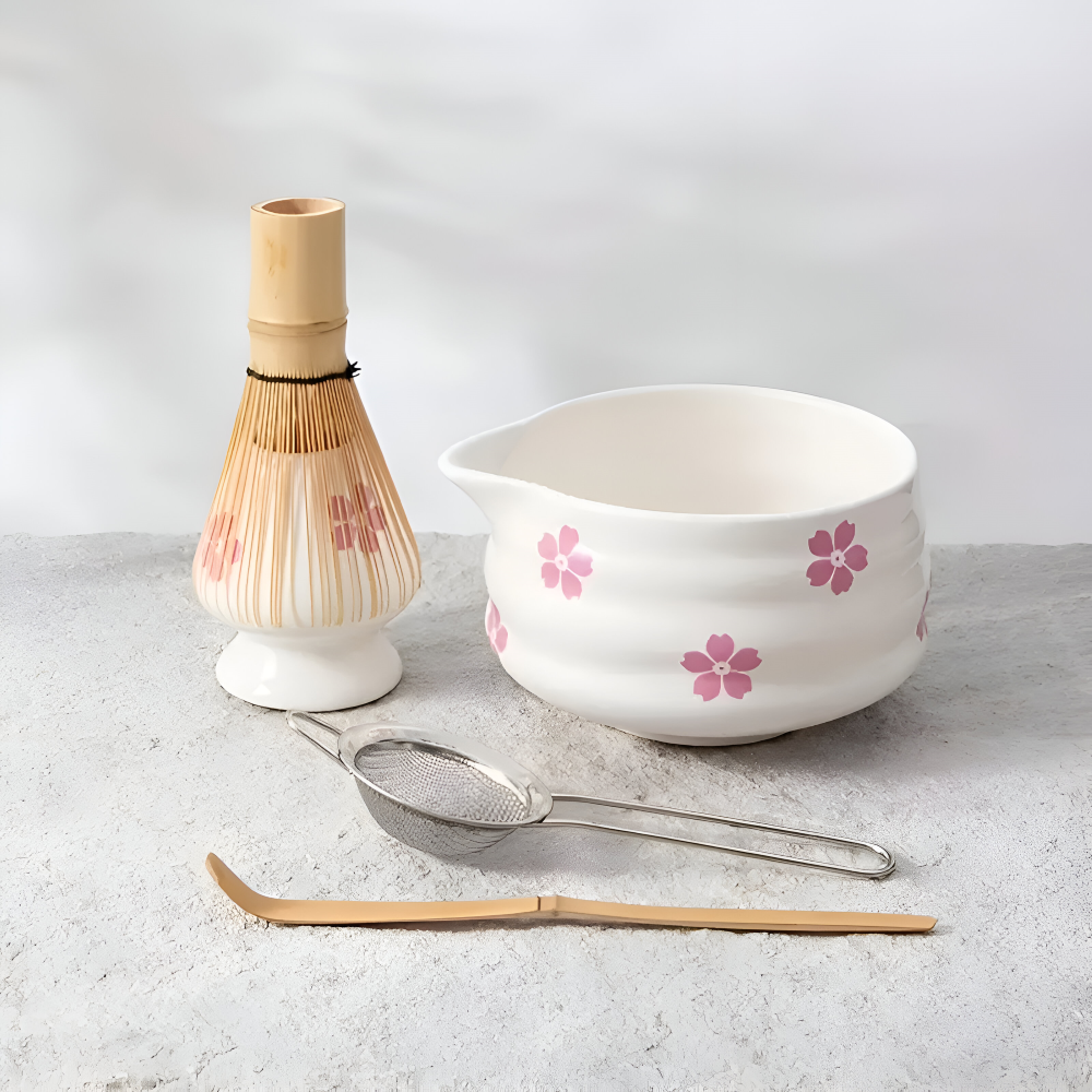 Floral Matcha Tea Set Ceramic Bowl Bamboo Whisk Ceremony Kit