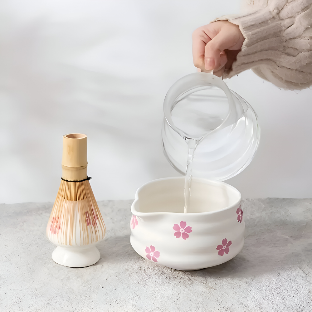 Floral Matcha Tea Set Ceramic Bowl Bamboo Whisk Ceremony Kit