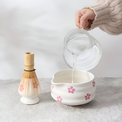 Floral Matcha Tea Set Ceramic Bowl Bamboo Whisk Ceremony Kit
