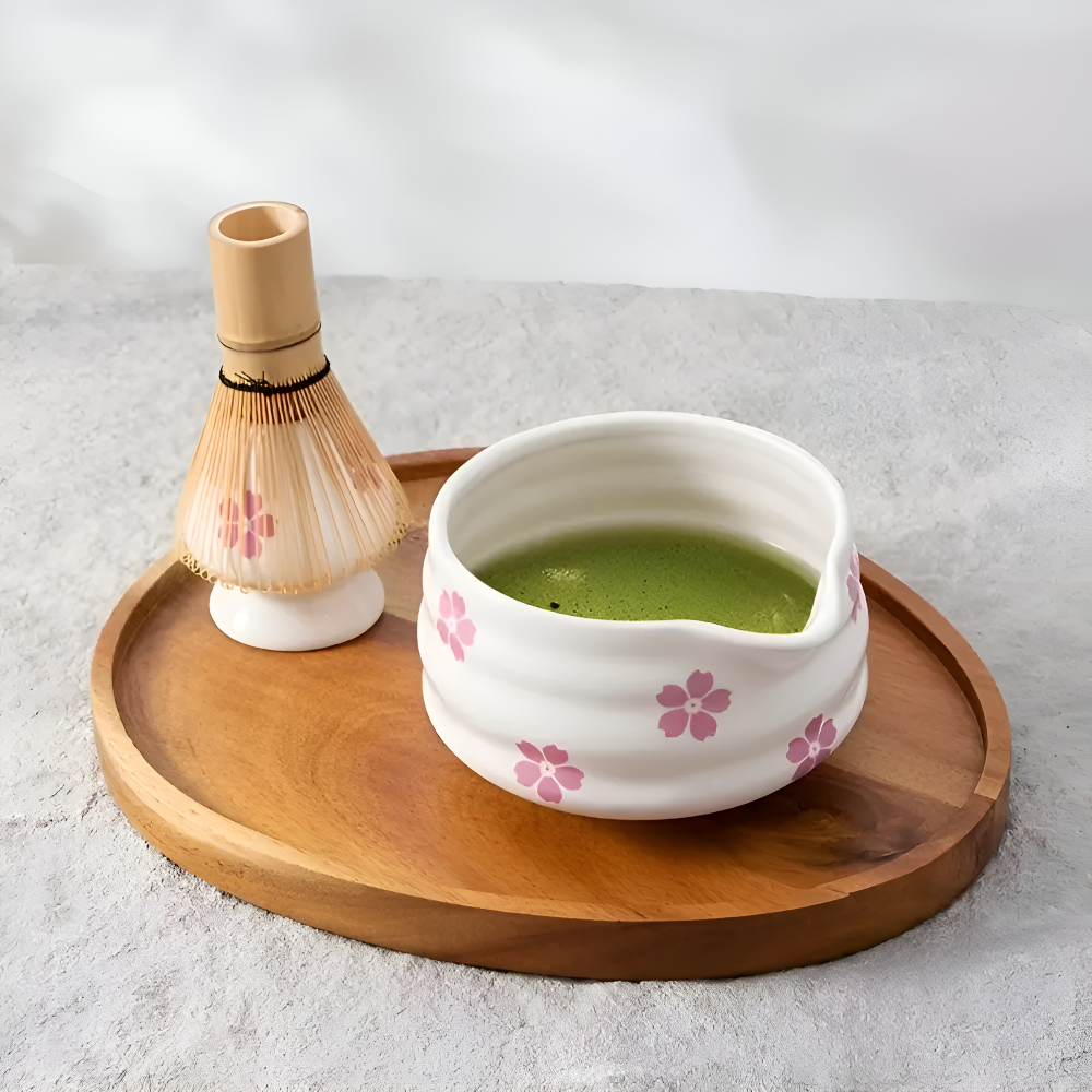 Floral Matcha Tea Set Ceramic Bowl Bamboo Whisk Ceremony Kit