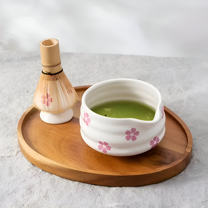 Floral Matcha Tea Set Ceramic Bowl Bamboo Whisk Ceremony Kit