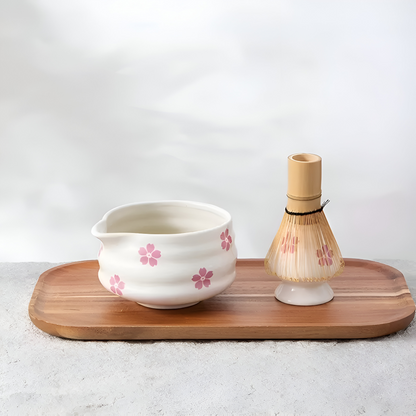Floral Matcha Tea Set Ceramic Bowl Bamboo Whisk Ceremony Kit