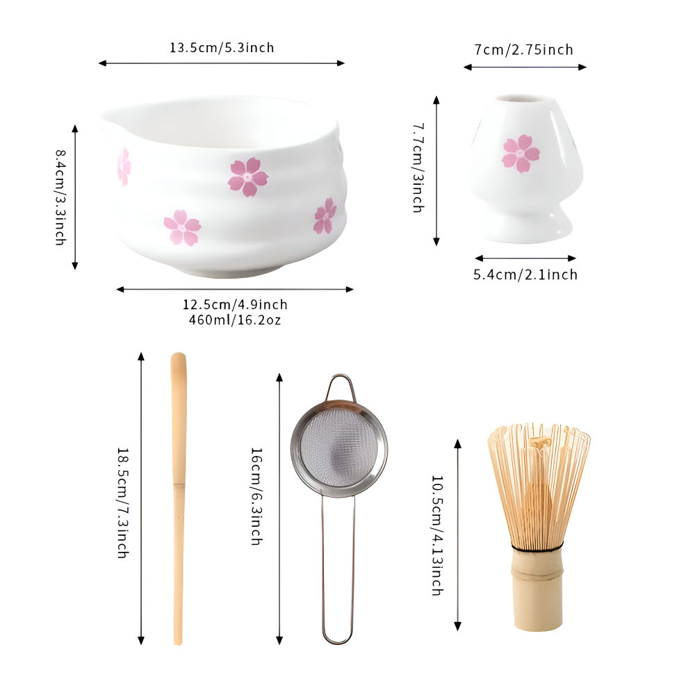 Floral Matcha Tea Set Ceramic Bowl Bamboo Whisk Ceremony Kit