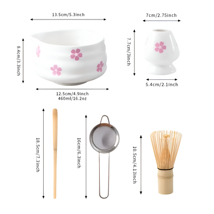 Floral Matcha Tea Set Ceramic Bowl Bamboo Whisk Ceremony Kit